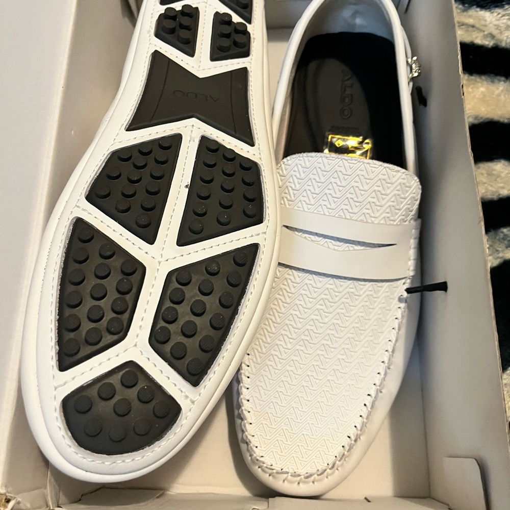 Men’s Aldo White Loafers with Penny Strap and Swarovski panther emerald eyes